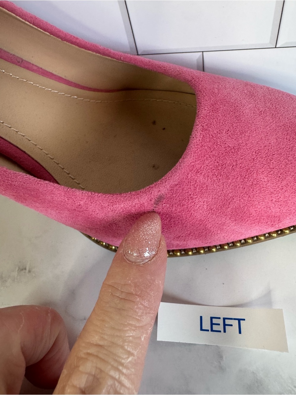 COACH Pink Suede Pointed Toe Pumps with Brass Studded Trim. - Picture 7 of 12